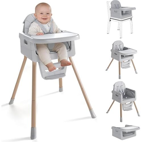 EverKiddo Baby High Chair for 6 Months+, Foldable High Chairs for Babies and Toddlers, Convertible High Chair, Adjustable Tray & Footrest, Portable High Chair & Easy to Clean(Grey with Wood Grain)
