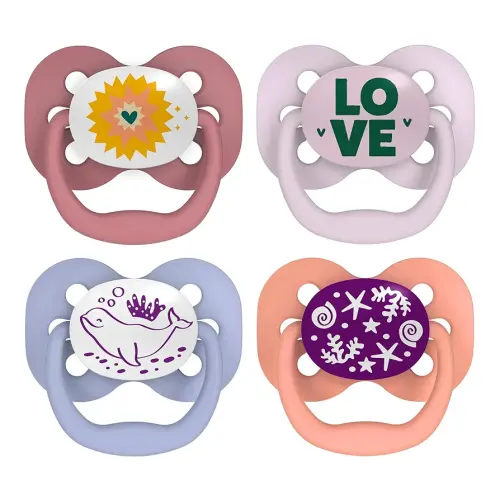 Dr. Brown's Advantage Glow-in-the-Dark Baby Pacifier, Fully Symmetrical Soother with Soft Silicone Bulb, Lavender Love-Coral Ocean, 0-6m, BPA Free, 4 Pack
