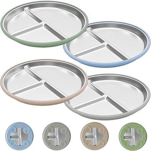 Stainless Steel Toddler Plates with Suction, 4 Pack Kids Baby Plates Set with Sturdy Silicone Suction Base Easy to Clean 9 inch