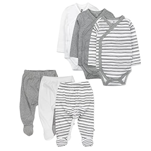6 Pack Organic Cotton Long Sleeve Side Snap Kimono Bodysuits and Footed Pants Multi Pack