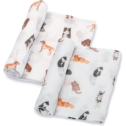 LollyBanks Muslin Swaddle Blankets 2PACK, 100% Cotton Baby Blanket 47 x 47 Inches, Large Baby Swaddle Breathable, Muslin Blankets for Boys and Girls (Cat and Dog Print)