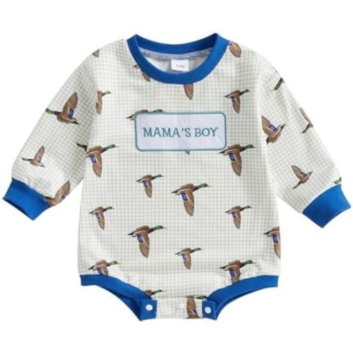 Baby Boy Hunting Clothes Mallard Duck Letter Embroidery Sweatshirt Romper Oversized Bubble Duck Hunter Playsuit
