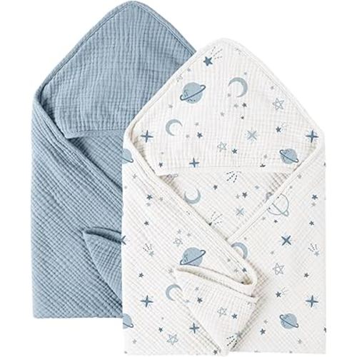 Konssy 2 Pack Muslin Hooded Baby Towels for Newborn Soft 100% Cotton Baby Bath Towel with Hood for Baby, Infant Ultra Absorbent, Baby Stuff Baby Bath Shower Gifts (Blue, Star,30" x 30")