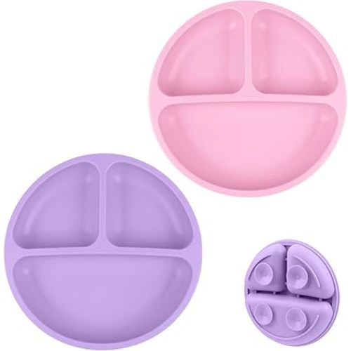 Vicloon Suction Plates, 2 Pcs Baby Toddler Plate Silicone, BPA Free Divided Plate, Divided Plate Design,Silicone Grip Dish Microwave & Dishwasher Safe