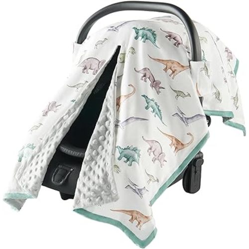 Baby Car Seat Cover - Ultra Soft Minky Infant Car Seat Canopy with Snap Peekaboo Opening, Multi-Use Stroller Cover, Nursing Cover & Plush Baby Blanket with Dinosaur Pattern for Boys (Grey)