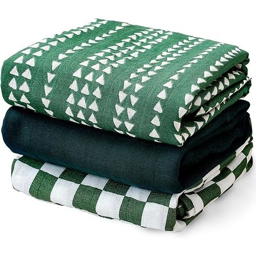 HappyFlute 3 Set Muslin Swaddle Blankets,Essential Baby&Newborn Swaddling,Perfect for Boys&Girls,Receiving Blankets,Nursing,Stroller Cover,Large 47.2x43.3 inches Swaddle Wrap Burping Clothes. (Green)