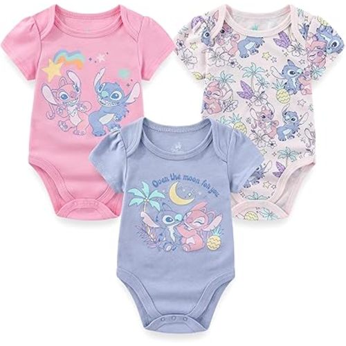 Disney Princess Winnie the Pooh Dumbo Lilo & Stitch Girls 3 Pack Bodysuit for Newborn and Infants