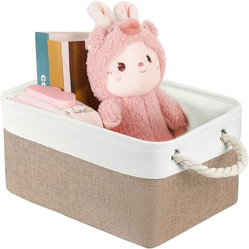 Storage Bins with Sturdy Cotton Handles(1 Pack), Fabric Storage Baskets for Organizing use for Office & Home, Book, Clothes, Toys, Closet Boxes (Large, Beige-White, 15.7x11.8x7.9 inches)