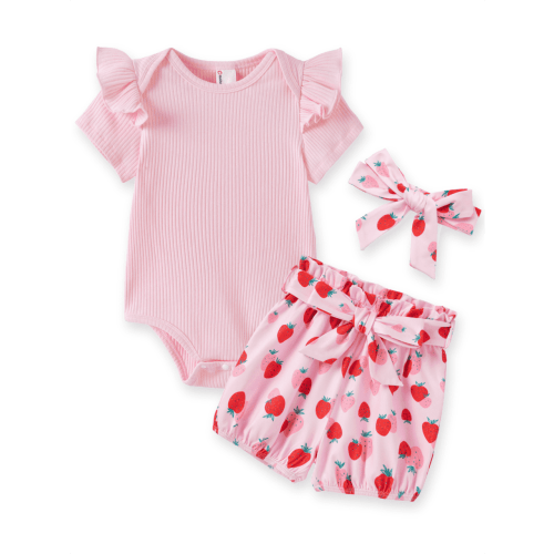 PatPat Baby Girl Summer Clothes 3Pcs Set Ruffle Sleeve Bodysuit Strawberry Shorts Headband Gift Outfit