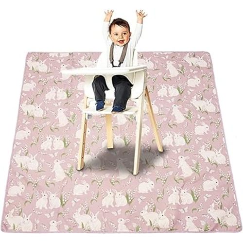 Splat Mat for Under High Chair/Arts/Crafts, Washable Baby Spill Mat Waterproof Anti-Slip Floor Splash Mat, Portable Baby Play Mat and Table Cloth (Rabbit, 43"x 43")