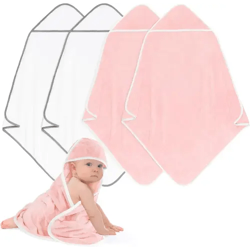 Hooded Towel for Newborns, 4 Pack Soft Coral Fleece Baby Towels, Ultra Absorbent Bath Cloths Bulk for Infants, Toddlers, Newborn Essential- 30 x 30 inch - Pink & White