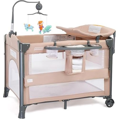JOYMOR 5 in 1 Baby Bassinet with Changing Table, Besdide Sleeper Portable Pack and Play with Mattress and Sheet, Toy, Wheels & Brake, Carry Bag for for Boys Girls