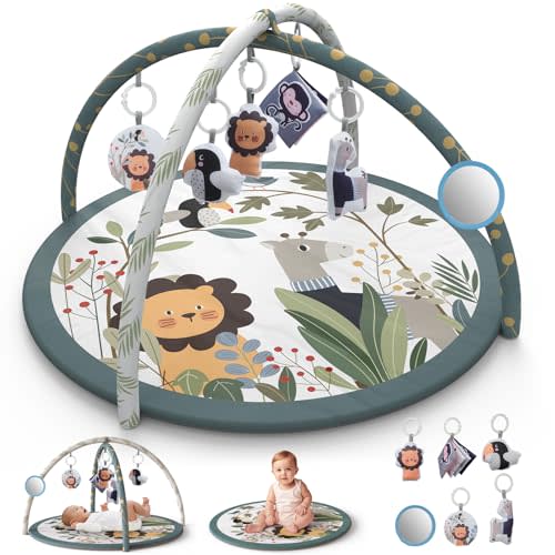 PIGLOG Baby Play Gym Mat, Baby Tummy Time Play Mat with 6 Detachable Sensory Toys for Baby Activity Gym, Baby Activity Play Mat for Sensory Development and Motor Skills, Baby Newborn Essentials