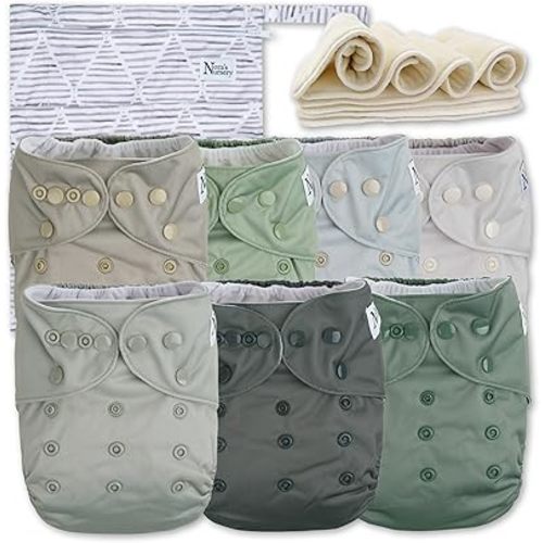 Nora's Nursery Morning Dew Cloth Diapers 7 Pack with 7 Inserts & 1 Wet Bag - Waterproof Cover, Washable, Reusable & One Size Adjustable Pocket Diapers for Newborns and Toddlers