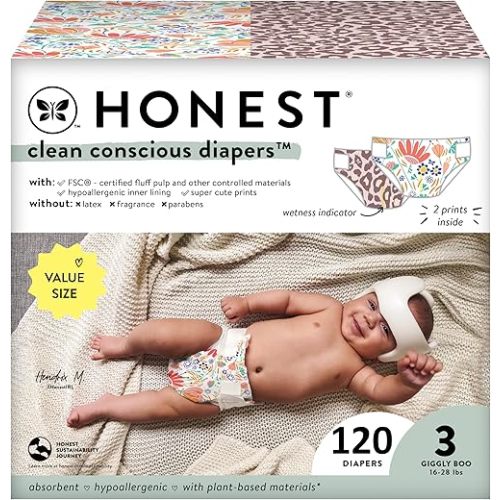 The Honest Company Clean Conscious Diapers | Plant-Based, Sustainable | Wild Thang + Flower Power | Club Box, Size 3 (16-28 lbs), 62 Count