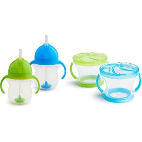 Munchkin® Happy Snacker Snack Catcher® and Any Angle™ Weighted Straw Trainer Cup Set, 4 Pack, Blue/Green