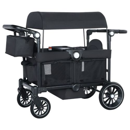 Kinder King Folding Wagon Stroller for 2 Kids, Adjustable Handle, All-Terrain Shock-Absorbing Wheel, Detachable Tray, Diaper Bag, Black