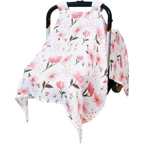 100% Muslin Summer Baby Car Seat Cover, Universal Fit Infant Car Seat Canopy, Breathable & Lightweight Sun, Weather Protection for Boys & Girls
