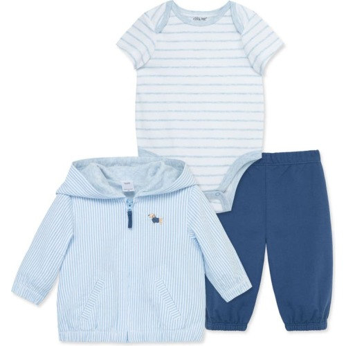 Baby Puppy Stripe Cotton Zip-Up Jacket, Bodysuit & Pants Set, 12M, Blue