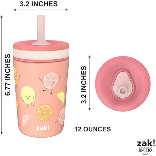 Zak Designs Kelso Tumbler Toddler Cup For Travel or At Home, 12oz Vacuum Insulated Stainless Steel Sippy Cup With Leak-Proof Design is Perfect For Kids (Happy Fruit) - 1 PC