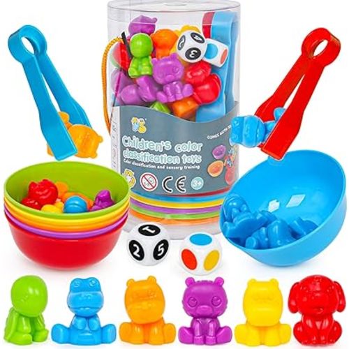 Counting Animals Color Sorting Toys with Rainbow Bowls & Number Color Dice,Montessori STEM Sensory Preschool Educatioal Learning Matching Games Birthday Gift for Toddler Boys Girls Ages 2-3,3-5