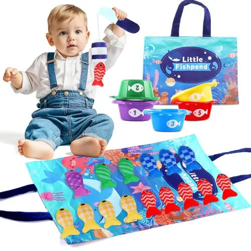 Montessori Fish Toys, 22 PCS Cloth Fishing Game for Toddlers 6 to 12 Months Girls Boys, Baby's Sensory Toy with Stacking Cups, Number Counting, Color Sorting, Fishing Game for Boy Girl Birthday Gift