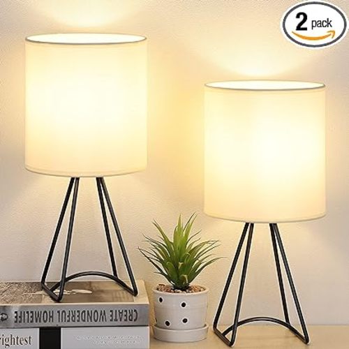 FOLKSMATE Bedside Table Lamps Set of 2, Black Metal Modern Lamp for Nightstand, Simple Side Lamp with Linen Fabric Lampshade for Kids, Bedrooms, Living Room (Bulb not Included)
