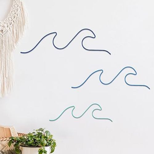 Tandefio 3 Pcs Metal Ocean Wave Wall Decor Blue Wave Beach Wall Art Nautical Decor Coastal Sea Surf Board Wall Hanging Decor Summer Seaside Decoration for Bedroom Bathroom Living Room
