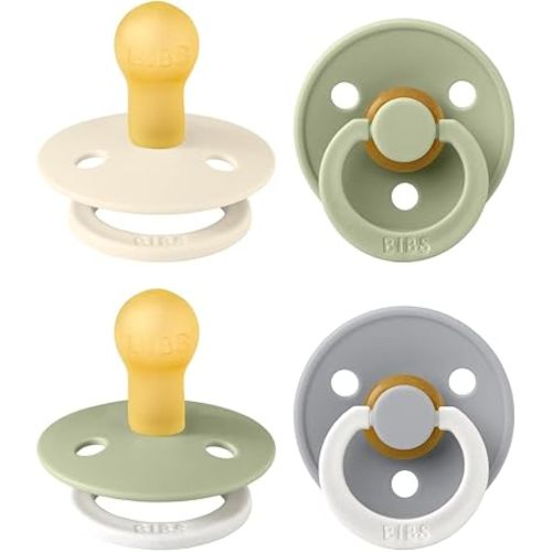 BIBS Colour Soother 4-Pack | BPA Free Dummy Pacifier | Round Nipple | Natural Rubber Latex | Made in Denmark | Size 0-6 Months | Sage Glow Mix