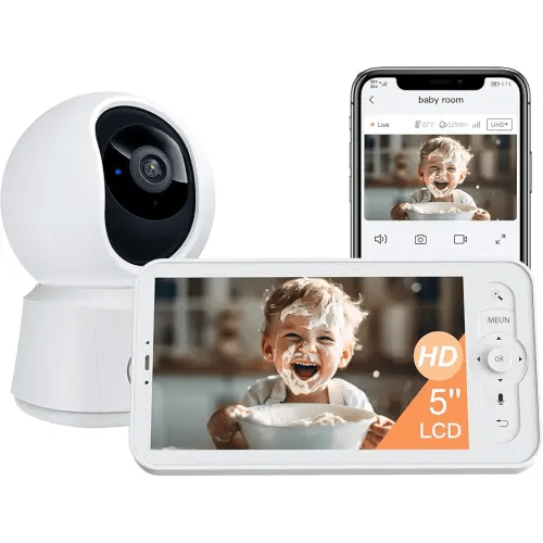 ARENTI Moniteur pour bébé, caméra vidéo pour bébé avec écran sans fil de 12,7 cm, vue à 360°, vision nocturne automatique, capteur de température, détection de son et de mouvement, audio
