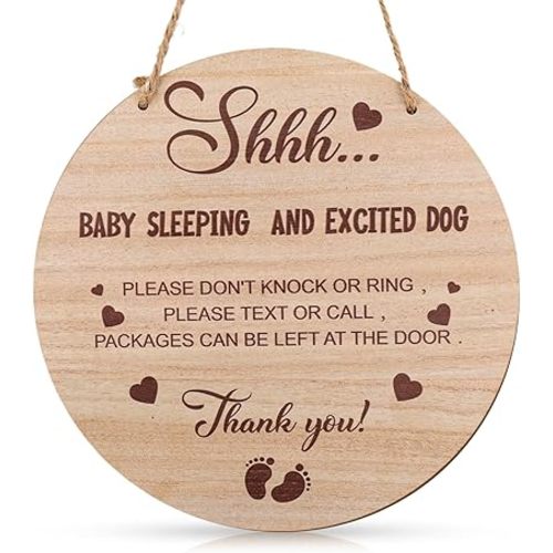 Shhh Baby Sleeping Door Sign, 10 Inch Do Not Knock or Ring Doorbell Wooden Baby Sleeping Hanging Sign Plaque with Hemp Rope Door Hanger for Front Door Nursery Bedroom Baby Room