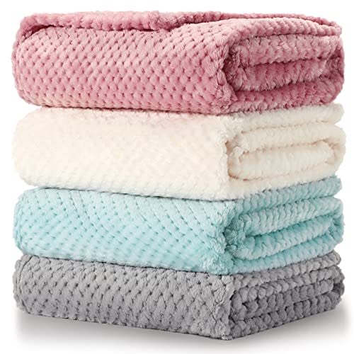 4 Pack Baby Fuzzy Blanket 30" x 40" Fluffy Waffle Flannel Fleece Baby Blanket for Newborn Infant Baby Receiving Blanket for Crib Stroller Travel Decorative (Light Blue, Pink, Beige, Gray)