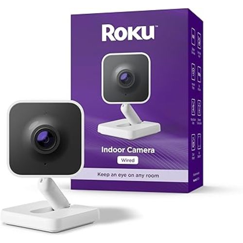 Roku Indoor Camera - Home Security - 1-Pack - Wired Security Camera & Pet Monitor with 1080p HD Color Night Vision, Works with Alexa & Google, Motion & Sound Detection, WDR & WiFi 6