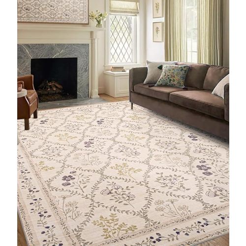 YIHOUSE 8x10 Washable Rug for Living Room, Beige Floral Rugs for Bedroom Boho Area Rug Non Slip Ultra-Thin Large Rug for Kids Playroom, Classroom, Girls Dorm, Nursery, Beige Multi