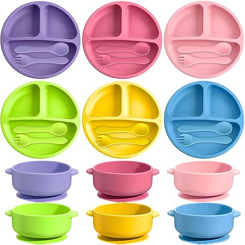 Dandat 24 Pcs Silicone Baby Feeding Set, 6 Baby Toddler Suction Bowls 6 Divided Suction Plates with 6 Forks 6 Spoons, Baby Utensils Set for Weaning Infant Feeding and Eating, 6 Styles (Bright Color)