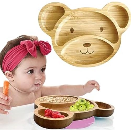 Bamboo Plates for Kids - Baby & Toddler Plates with Suction for Feeding & Weaning, Eco-Friendly Bear Design Promotes Self-Feeding, Ideal for Busy Moms & Dads, Sturdy & BPA-Free (Pink)