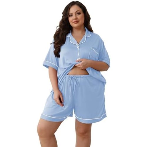 Women Plus Size Pajamas Button Down Short Sleeve Top & Shorts Lounge Sets Outfit Summer Soft Pj Bride Sleepwear