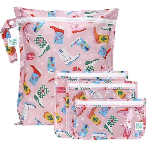 Bumkins - Waterproof Wet Bag & Clear Travel Bags - For Beach, Baby, Travel, Swim Suit, Cloth Diapers, Pump Parts, Pool, Gym, Toiletries - Reusable & Easy to Clean - Cowgirl Boots - 4 Pack