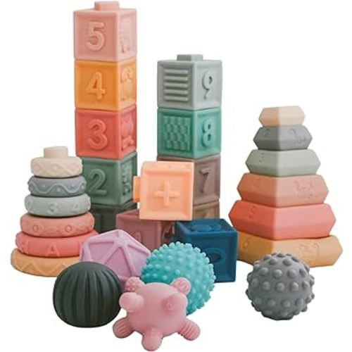 4 in 1 Montessori Toys for Babies and Toddlers Aged 6 Months and Older, Soft Teething Toys, Building Blocks, Balls, and stackers, Sensory Educational Toys to Support Development, 30 pcs