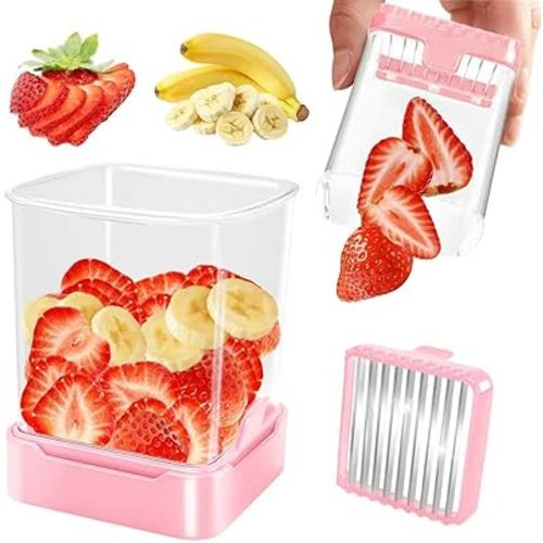 3-in-1 Strawberry Banana & Egg Slicer Cup | Detachable Fruit Cutter with Push Plate for Effortlessly Safe Slicing | Quick Meal Prep & Snacks Kitchen Gadget (Pink)