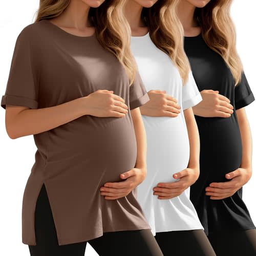 Ficerd 3 Pack Women's Maternity Shirts Half Sleeve Loose Pregnancy Tops Crew Neck Side Split Cotton Pregnant Clothes