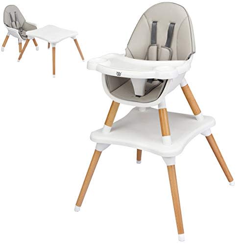 BABY JOY 5 in 1 High Chair, Convertible High Chairs for Babies and Toddlers/Booster Seat/Table and Chair Set, Infant Wooden Highchair w/ 5-Point Harness, 4-Position Removable Tray & PU Cushion, Gray