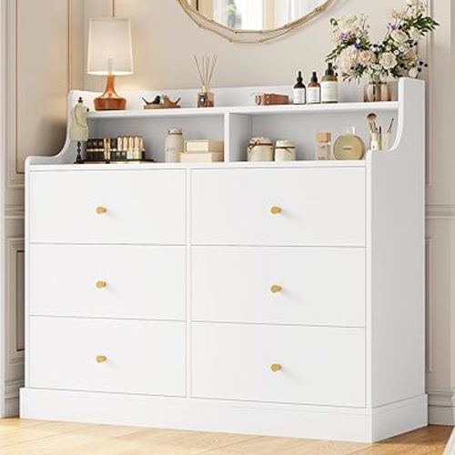 FINETONES 6 Drawer Dresser, White Dresser Double Dresser with Shelves, White and Gold Dresser, Wide Chest of Drawers, Dressers & Chests of Drawers, Large Wooden Storage White Dresser for Living Room
