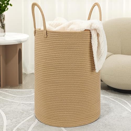 58L Cotton Rope Laundry Basket (20"x15"),Woven Basket for Storage Dirty Clothes Basket for Laundry, Living Room, Nursery, Bedroom Rope Storage Basket for Blankets(Brown)