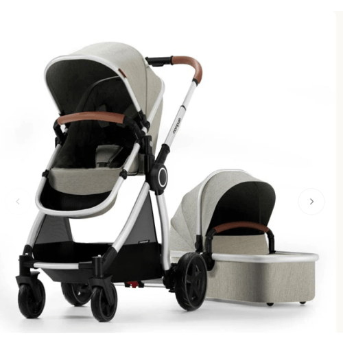 Mompush Ultimate 2 Stroller with Bassinet in Chalk beige fabric silver chassis