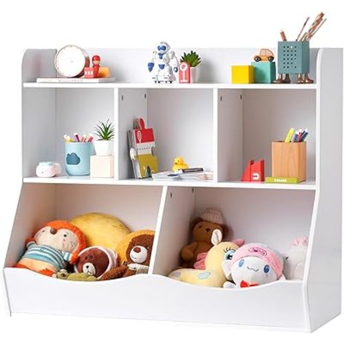 VEVOR Wood Kid Storage Cubby, Toy Storage Organizer with Bookshelf, 5-Cubby Wood Toy Storage Cabinet, Children Book Toy Shelf for Kids Room, Playroom, Kindergarten, Nursery, White