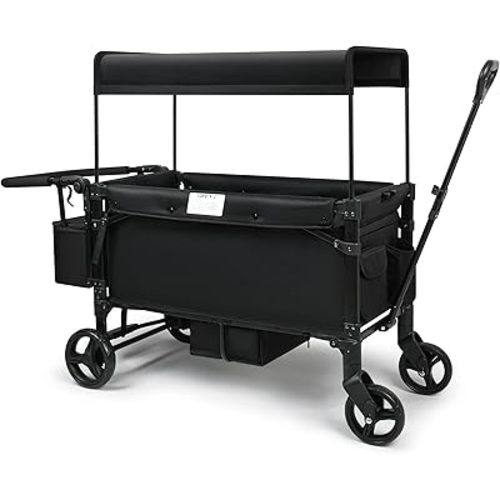 VOOI Stroller Wagon, 2 Seater Kids Wagon, Collapsible with 5-Point Harnesses, Zipper Door, Sun Canopy
