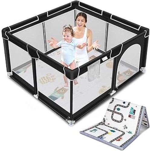 Suposeu Baby Playpen with Anti-Slip Mat for Indoor and Outdoor Playard Kids Activity Center with Gate, Portable Baby Fence Area for Babies and Toddlers, Black