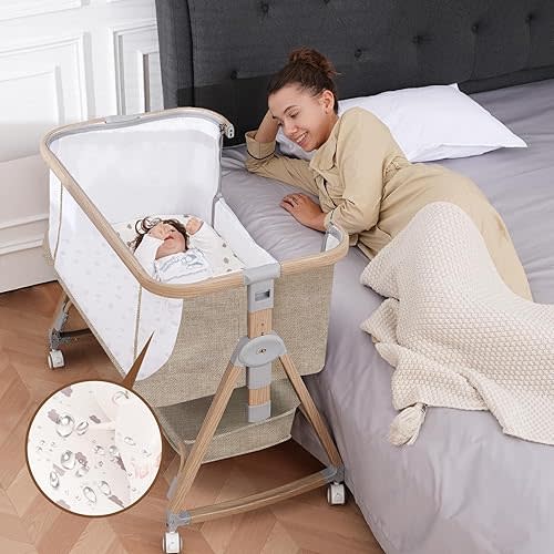 Baby Bassinet, Basinet Bedside Sleeper with Waterproof Bassinet Sheets and Soft Mattress, Safe Adjustable Height Bedside Bassinets with Wheels, Girl/Boy Bassinets, Khaki