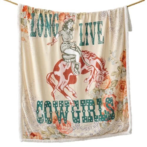 Indigo Hill by HiEnd Accents Rodeo Revival Sherpa Throw Blankets, Long Live Cowgirls Floral Medallion Print Western Blanket for Camping, Rustic Southwest Southwestern Fleece Blanket, 54x68 inch